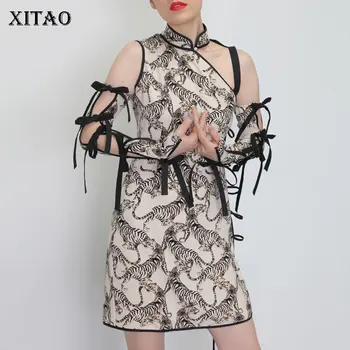 

XITAO Hollow Out Off Shoulder Dress Women Stand Collar Backless White Tiger Printing Improvement Vintage Korea Fashion WBB4305