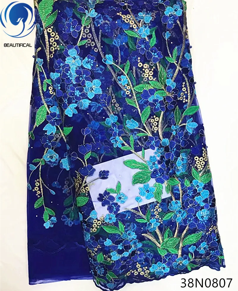 

Beautifical Blue lace fabric african lace fabric nigerian tulle lace fabrics flower style high quality for dress 5yards 38N08