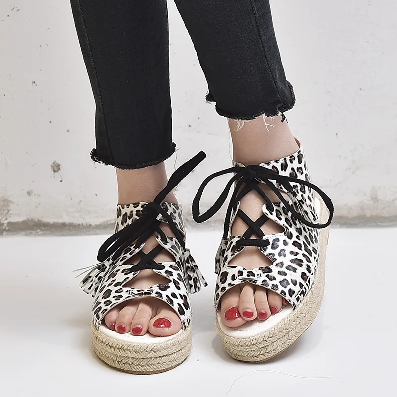 

2019 Leopard Gladiator Sandals Platform Women Wedges Shoes Female Summer Trifle Open Toe High Black Flip Flops Slipper Size 43