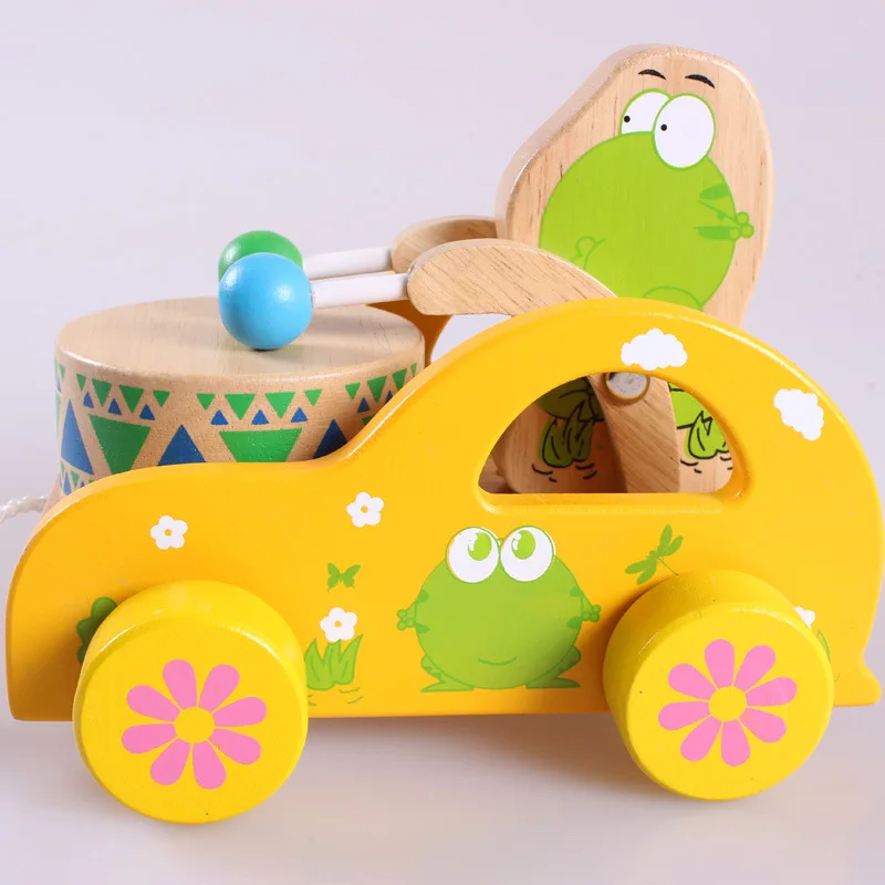 Деревянный буксируемый игрушечный автомобиль+ Винни барабан детские игрушки мультипликационных животных лягушка/медведь 2 стиля Винни барабан Детский Трейлер модели один кусок