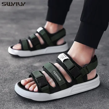 

SWYIVY Summer Mens Beach Shoes 2019 New Fashion Outdoor Sandals Black/green Casual Mens Shoes Soft Bottom Mesh Sandals Hook-loop