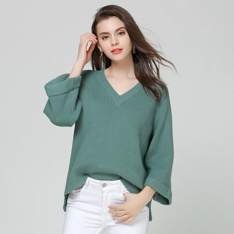 Solid loose v-neck elastic knit sweater 2018 new flare sleeve women autumn basic casual sweater