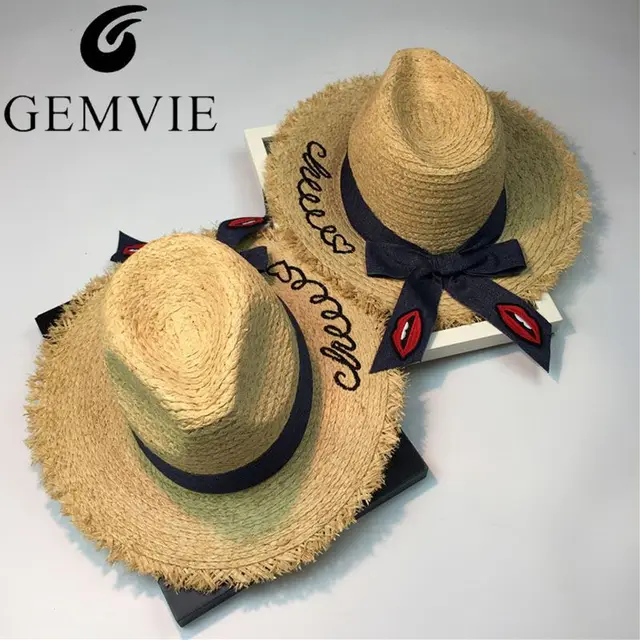 Embroidery Letter Women Wide Brim Natural Raffia Straw Hats Denim Embroidery Letter Women Wide Brim Natural Raffia Straw Hats Denim Red Lips Bow Large Beach