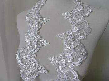 

2 Yds/Lot 3D Floral Lace Beaded Sequined Wedding Lace Ivory Embroidered Scalloped Lace Applique Flower Border 7CM Free Ship