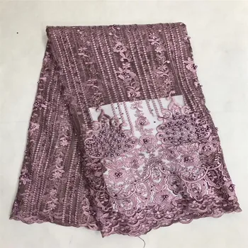 

Dubai Wholesale High Quality Latest Mesh African Lace Fabrics 2018 Brown Textile Beaded Lace Fabric For Garment Dress GL61-2