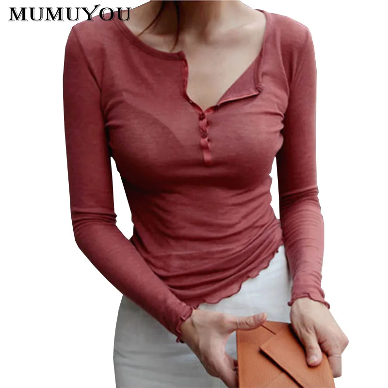 

Women Cotton Sexy Shirt Button Office Lady V-Neck Full Sleeve Solid Blouse 4 Colors Extendable Four Seasons General 045-A006