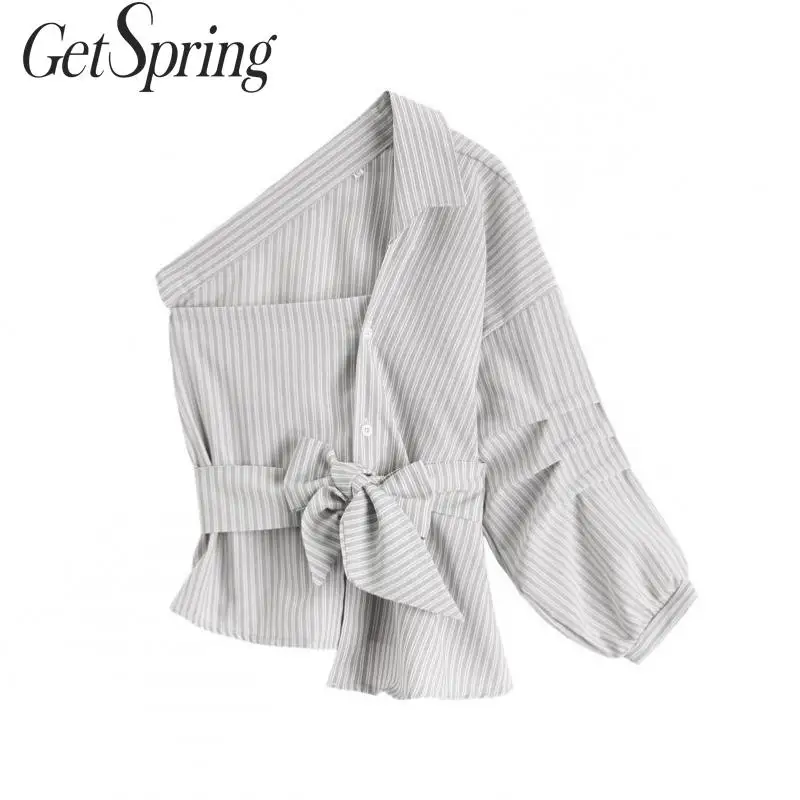 

GETSPRING Women Shirt Bow Bandage irregular Off Shoulder Irregular Womens Tops And Blouses Stripe Cotton Asymmetry Blouse 2019