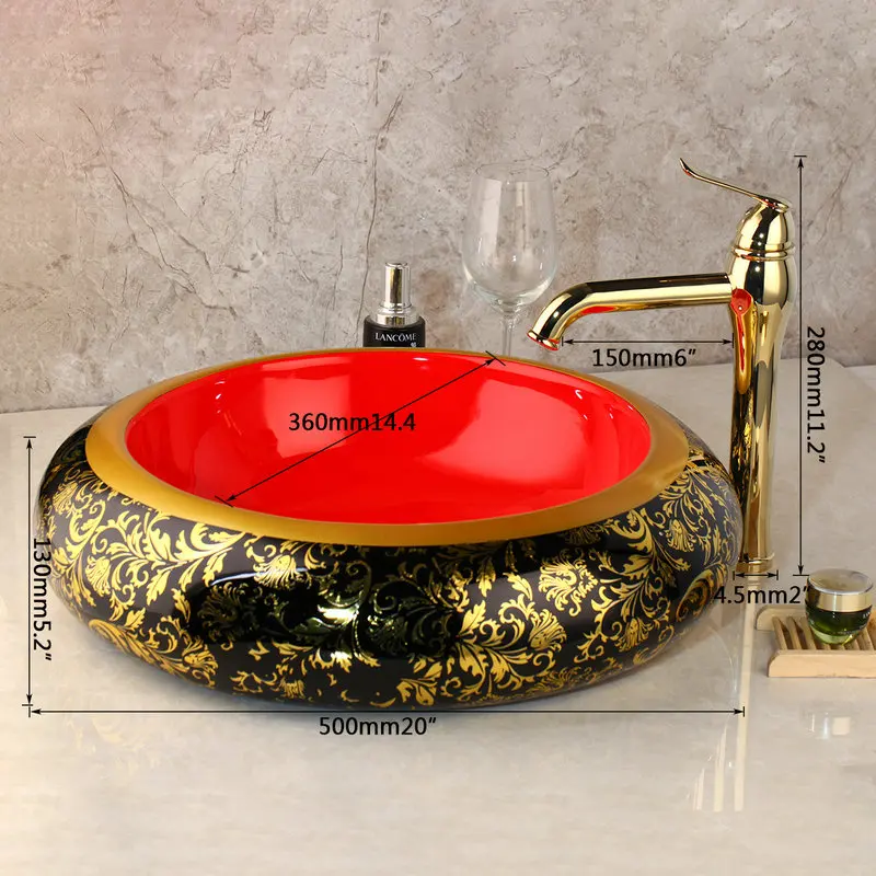 KEMAIDI роскошные фарфоровые керамические раковины для ванной комнаты, Золотые круглые чаши для раковины, современные прямоугольные художественные наборы для умывальника