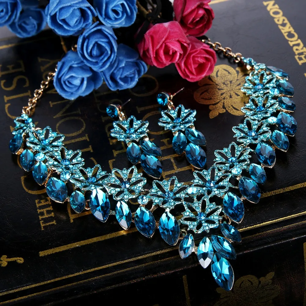 

Tuliper Enamel Necklaces Earrings Sets Teardrop Bridal Necklace Earrings Set Austrian Crystal Rhinestone Wedding Jewelry Sets