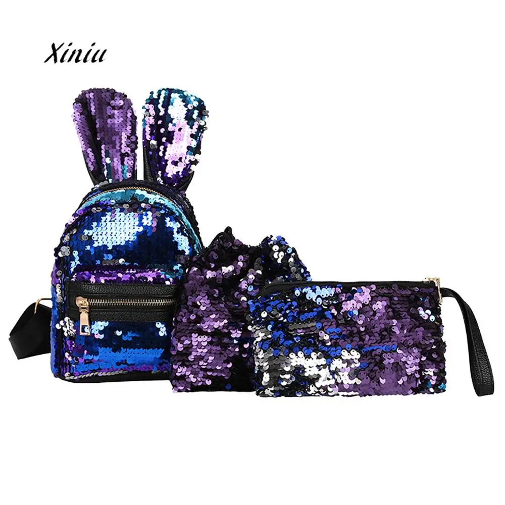 

3PCS Women Sets Bag Children Cute Rabbit Backpacks Fashion Student Sequins Shoulder Bag+Drawstring Bag+Messenger School Bags