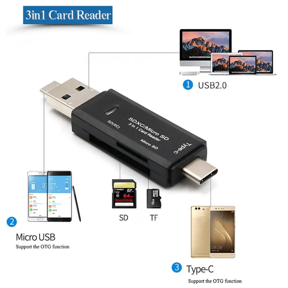 Адаптер для чтения карт 3 в 1 USB3.1 USB-C TF type C SD для Macbook