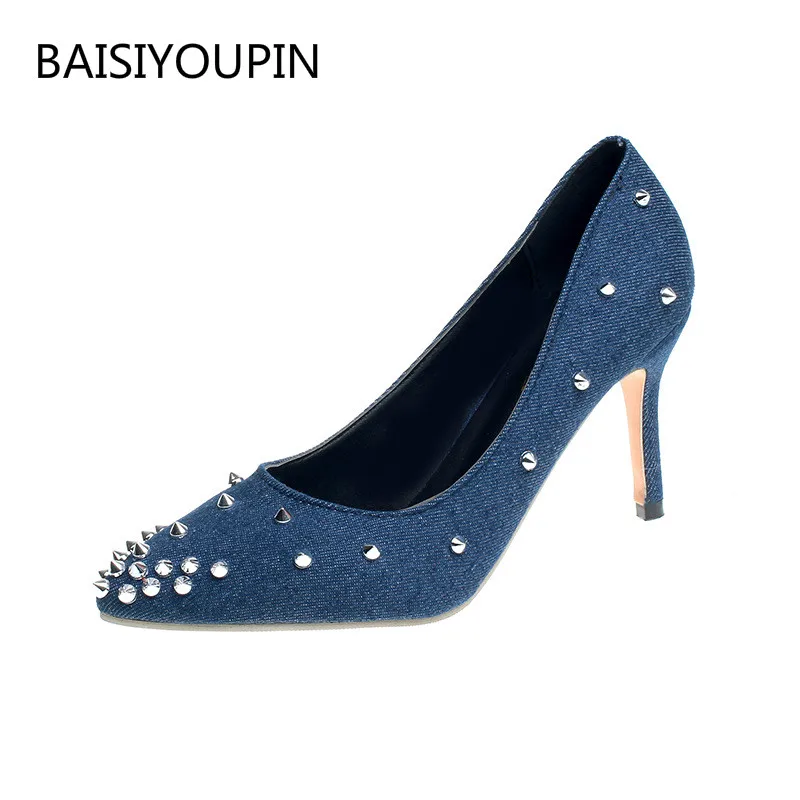 

34-40 Solid Thin Heels Office Women Pumps Shoes Shallow Denim Blue Rivets Pointed Toe Slip-On 8cm High Heels Work Female Shoes