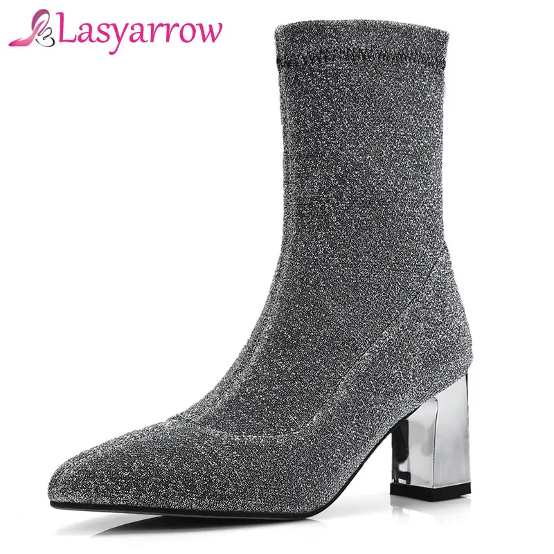 High Silber Kalb Schwarz Gold Schwarzes Stretch F510 silber Frauen Klobigen Dünne gold Heels Spitz Für Lasyarrow Mid Bling Socke Stiefel Sexy F5qxn68Pw