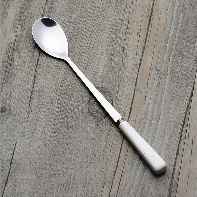 Нержавеющая сталь керамическая ручка чайная ложка для перемешивания десертная кофейная ложка Вилка мед Десерт Мороженое Совок посуда - Цвет: White ice spoon