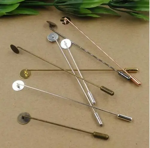 

100pcs Retro fashion 10mm round pad 65mm hat pins brooch long stick pin lapel pin base setting diy jewelry Accessories