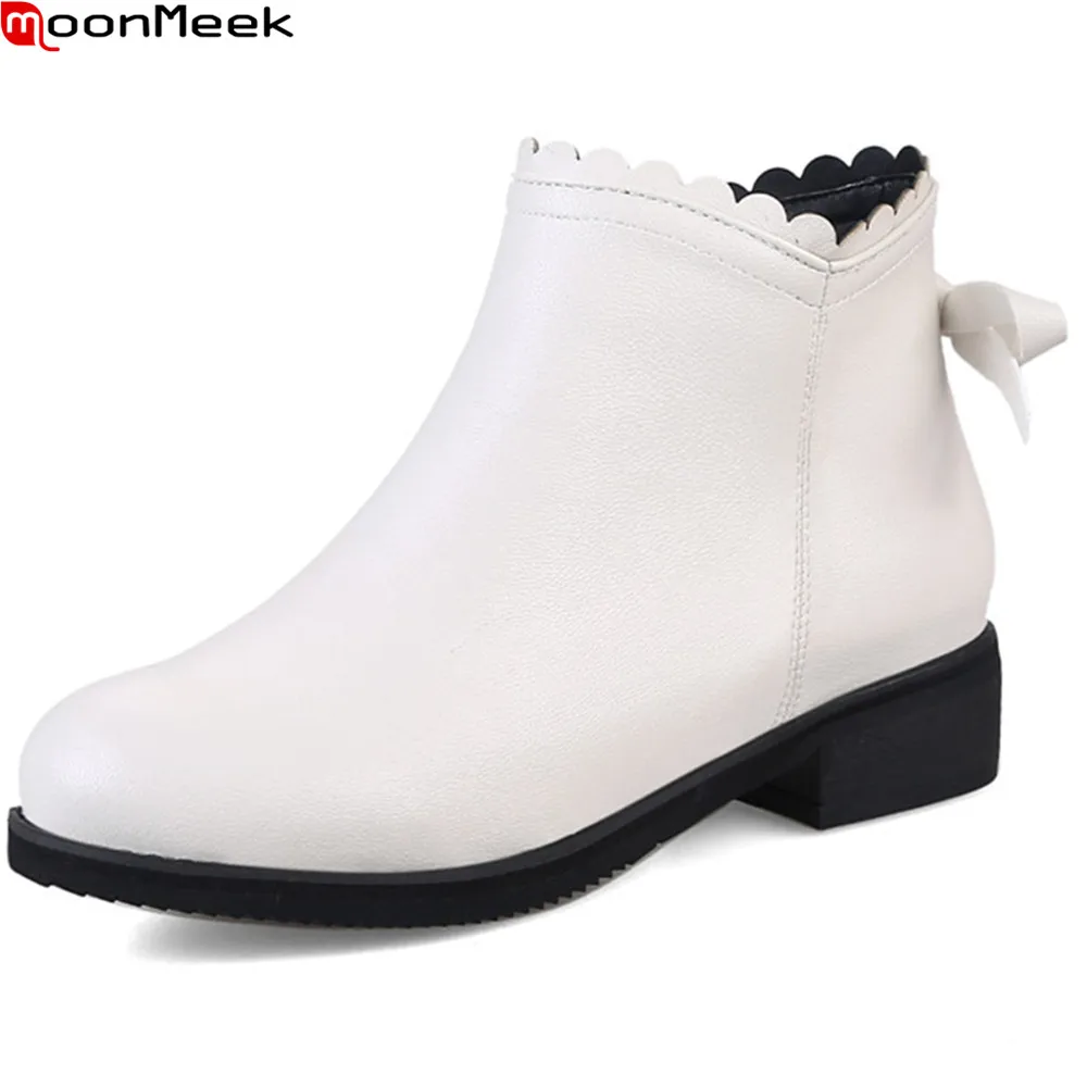 

MoonMeek 2020 hot sale new arrive women boots round toe zipper black white pink butterfly knot square heel ankle boots plus size
