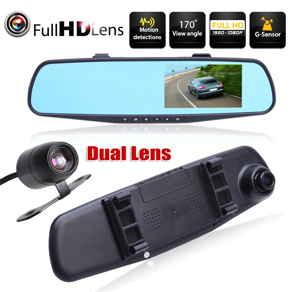 FHD 1080P 4,3 дюймов двойной объектив Автомобильный видеорегистратор зеркало заднего вида видеорегистратор видео камера циклическая запись автомобиля dvr камера