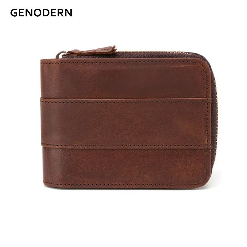 

GENODERN Genuine Leather Men Wallet with Card Holder Coin Bag Vintage Zipper Male Purse Retro Wallet for Men with Gift Bag