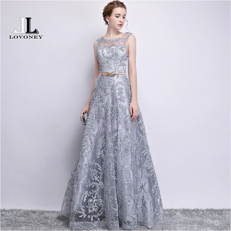 LOVONEY Elegant Evening Dress Long A Line See Though Back Formal Dresses Women Occasion Party Dresses with Belt 2019 New YS411