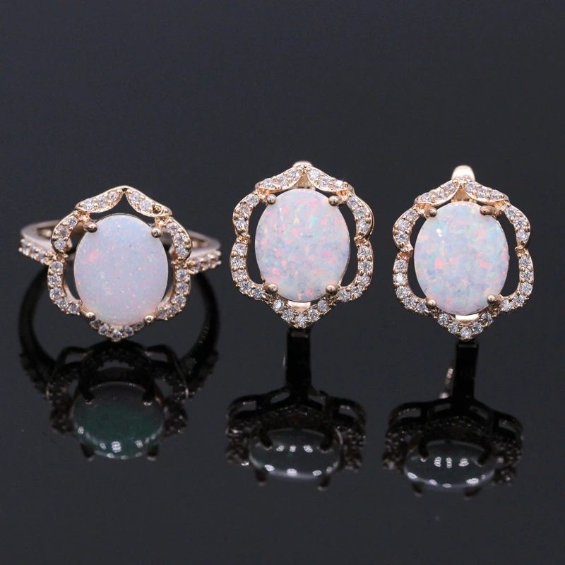 

Fashion Wedding Engagement Jewelry White Fire Opal Zircon Gold Color Earring Ring Set For Women Jewelry