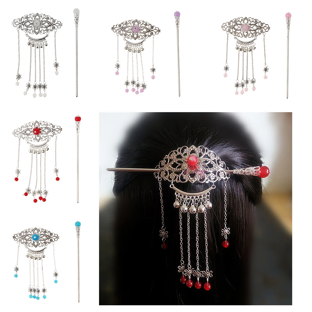 Womens Retro Traditional Chinese Wedding Floral Tassels Bells Hair Stick Chignon Chopsticks Headwear Jewelry