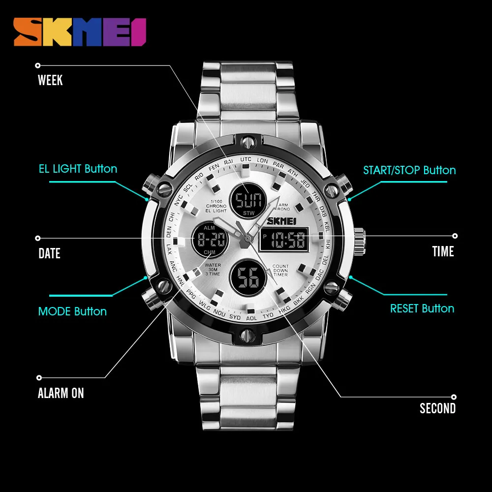 SKMEI мужские часы Топ люксовый бренд спортивные часы обратного отсчета ремешок из нержавеющей стали Кварцевые наручные часы Мужские часы Relogio Masculino