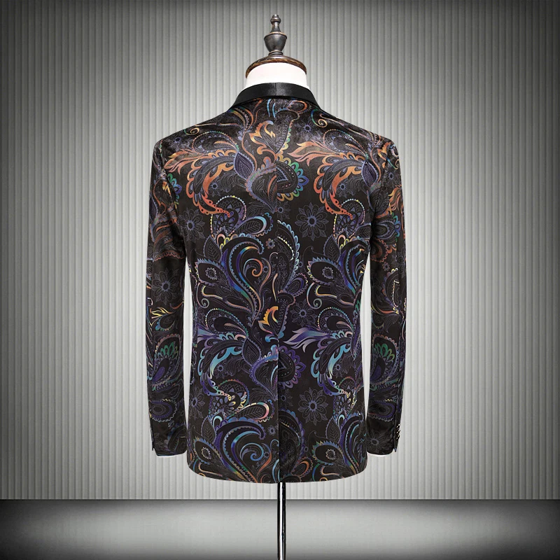 Plyesxale мужской бархатный костюм Slim Fit Красочные Для мужчин Блейзер Куртка высокое качество мужской блейзер Повседневное с модным принтом дизайн Q158