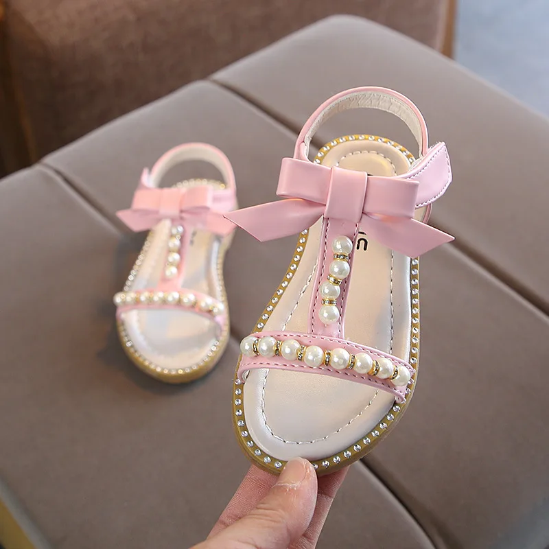 2019 детские сандалии, для девочек обувь новые летние бантом модные босоножки для девочек-принцесс детей Бисер сандалии для девочек