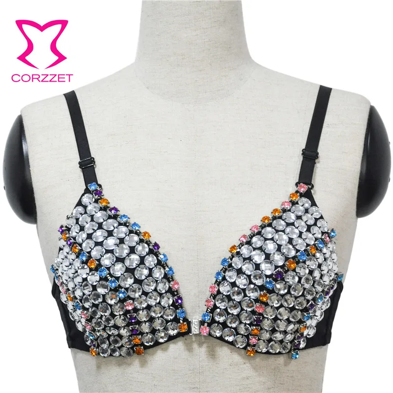 White Crystal Gems & Multicolored Diamonds Gothic Sexy Bra Push Up Brassiere Top Women Dancewear