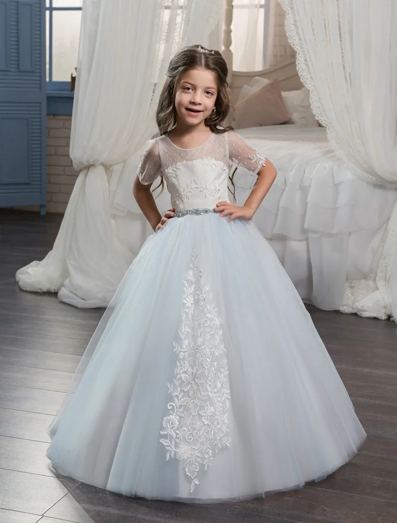 Half Sleeve Ball Gown Flower Girl Dresses 2017 Light Blue Open Back Kids Girls Evening Erstkommunion Kleider Dresseskids Aliexpress 
