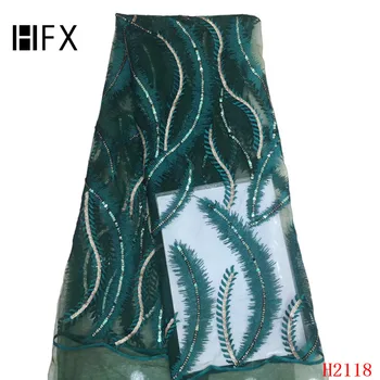 

HFX Green High Quality Nigeria Embroidered Net Lace Fabric Latest African Laces 2019 Tulle Lace Fabric for Party Wedding X2118
