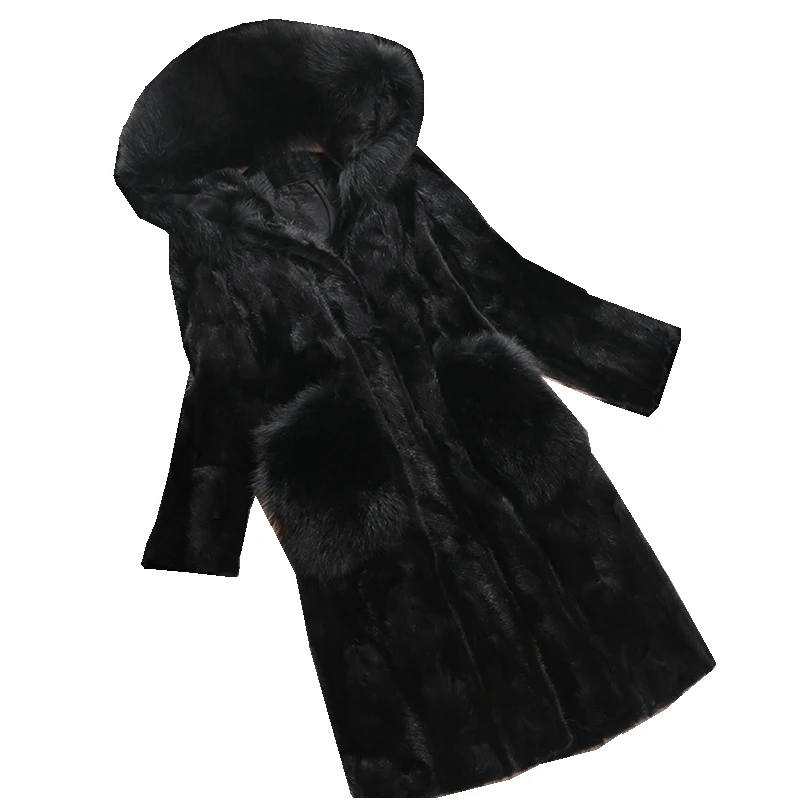 Роскошная Шуба из натурального меха норки, куртка с капюшоном из лисьего меха, осенне-зимняя женская меховая теплая верхняя одежда, пальто, одежда 3XL 4XL LF4225 - Цвет: Black
