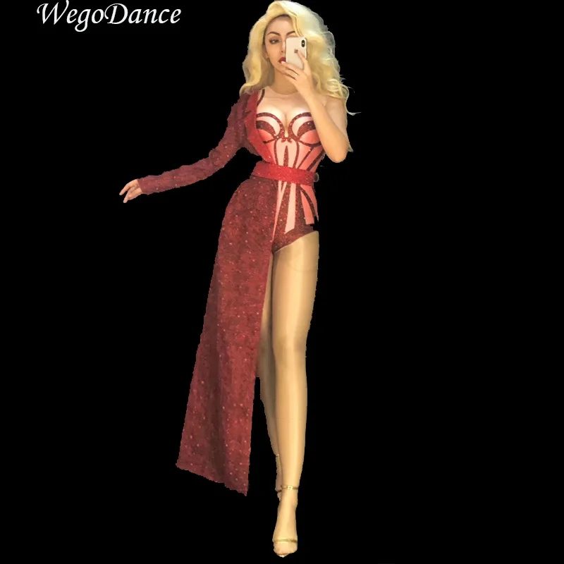 

New Sexy Red Stretch Bodysuit Two Pieces Set Costume Stage Dance Wear Leotard Half Side Long Coat Performance Outfit