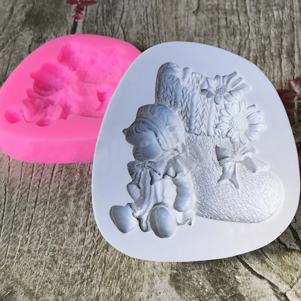 

Wool Knit Shoes Silicone Baby Doll Mold Socks Cake Mold 3d Sunflower Decorative Fondant Silicone Mold for Cake Decorating