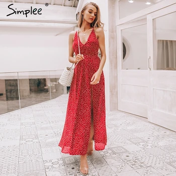 Simplee Boho deep v neck backless sexy dress Split cross lace up chiffon summer beach long