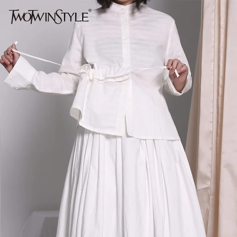 

TWOTWINSTYLE Tunic Blouse Ruffles Patchwork Draw String High Waist Long Sleeve Shirt Female Spring 2019 Fashion Vintage Clothing
