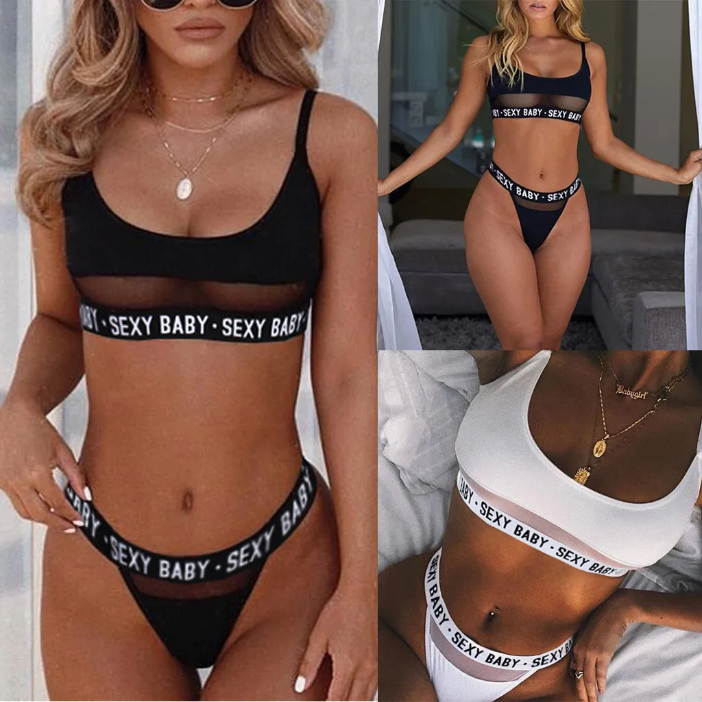 Fashion Women Letter Solid Patchwork Sexy Lingerie Underwear G-String Bra Set