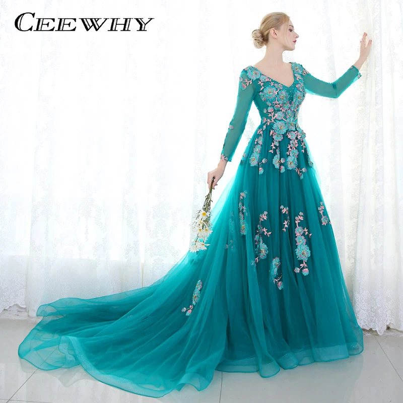 

CEEWHY V-Neck Long Sleeve Evening Dress Elegant Peacock Blue Lace Flower Sweep Train Prom Formal Party Gown Abendkleider Lange