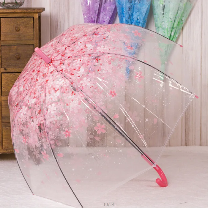Cherry Blossom Transparent Umbrella Rain Women 3 Folding Sakura Flower