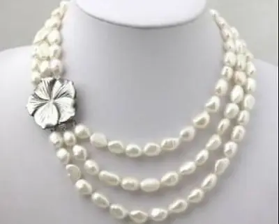 

Charming! 3 Rows White Freshwater Pearl Necklace 7-8mm 17-19''