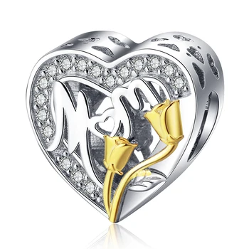 

Hot sale Genuine 100% 925 Sterling Silver Gold flower Mom Beads fit original Pandora Charm Bracelets jewelry for Mother Gift
