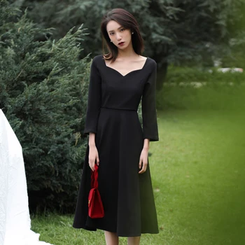 

French retro 50s60sV collar black Gothic Hepburn dress knit autumn / winter temperament elegant fashion party dress female