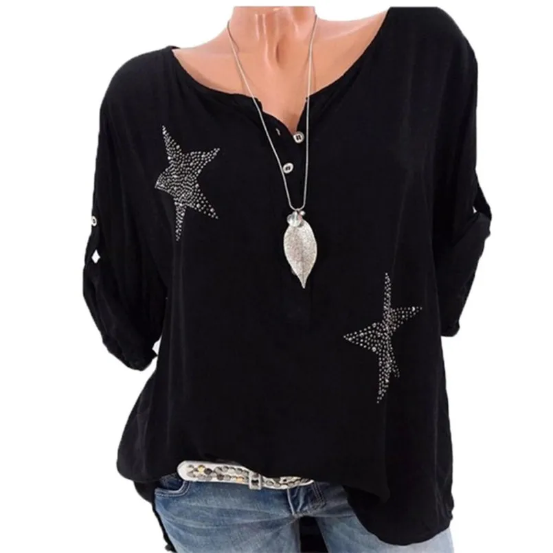 Good Female Shirt Top Women Button Three Quarter Sleeve Five-pointed Star Hot Drill Plus Size Tops Blouse Femme Printemps 2018 Women's Clothing
