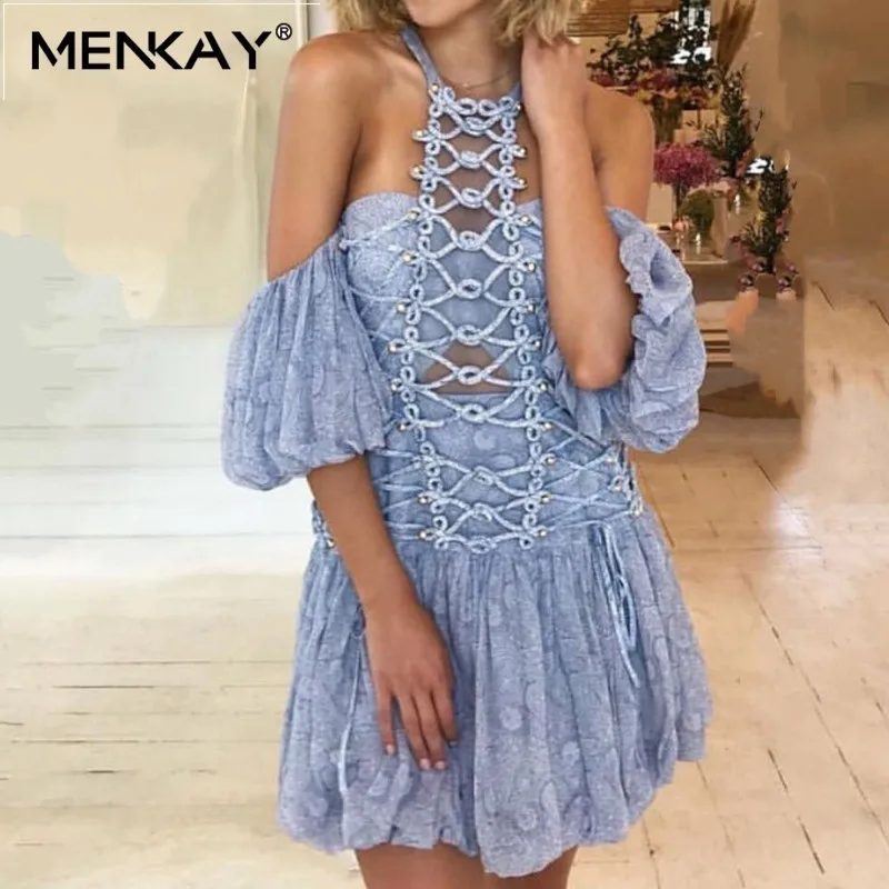 

[MENKAY] Beading Patchwork Sexy Dress For Women Off Shoulder Halter Puff Sleeve Hollow Out Slim Mini Beach Dresses Female Summer