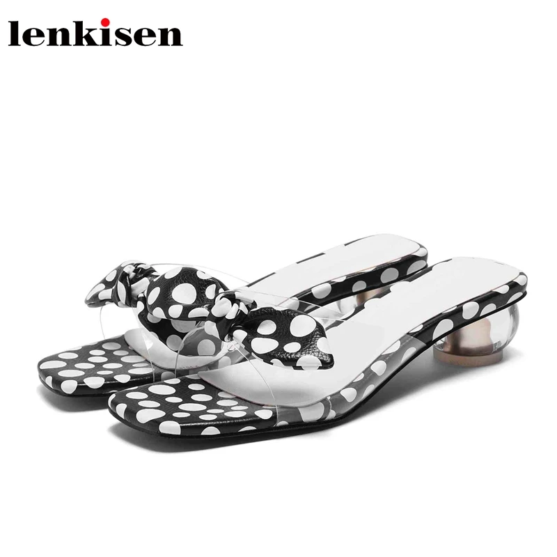 

Lenkisen 2018 new arrival mules silk dot decoration mixed color butterfly-knot princess style strange med heel women sandals L92