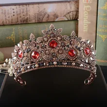Большие винтажные бусинки в стиле барокко, свадебные красные диадемы, стразы, Ретро стиль, диадема, кристалл, королевские короны, свадебные аксессуары для волос для женщин