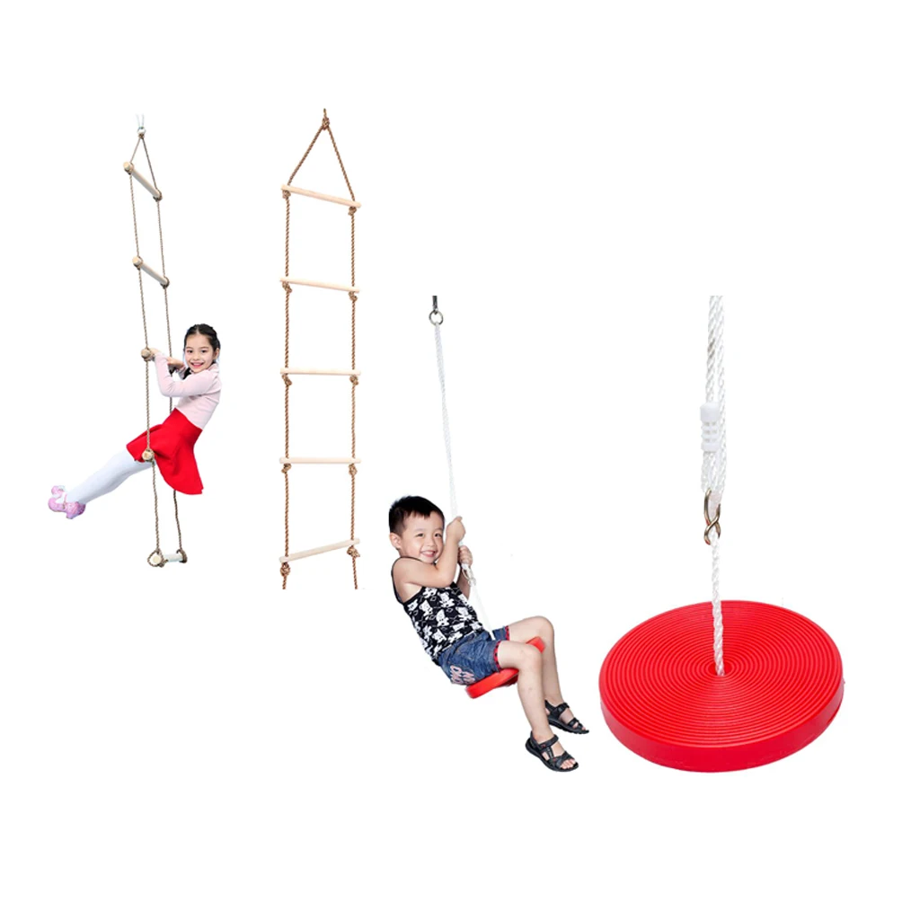 5.7 Feet Playground Climbing Rope Ladder + Disc Swing Seat (Red) for Kids Indoor/Outdoor