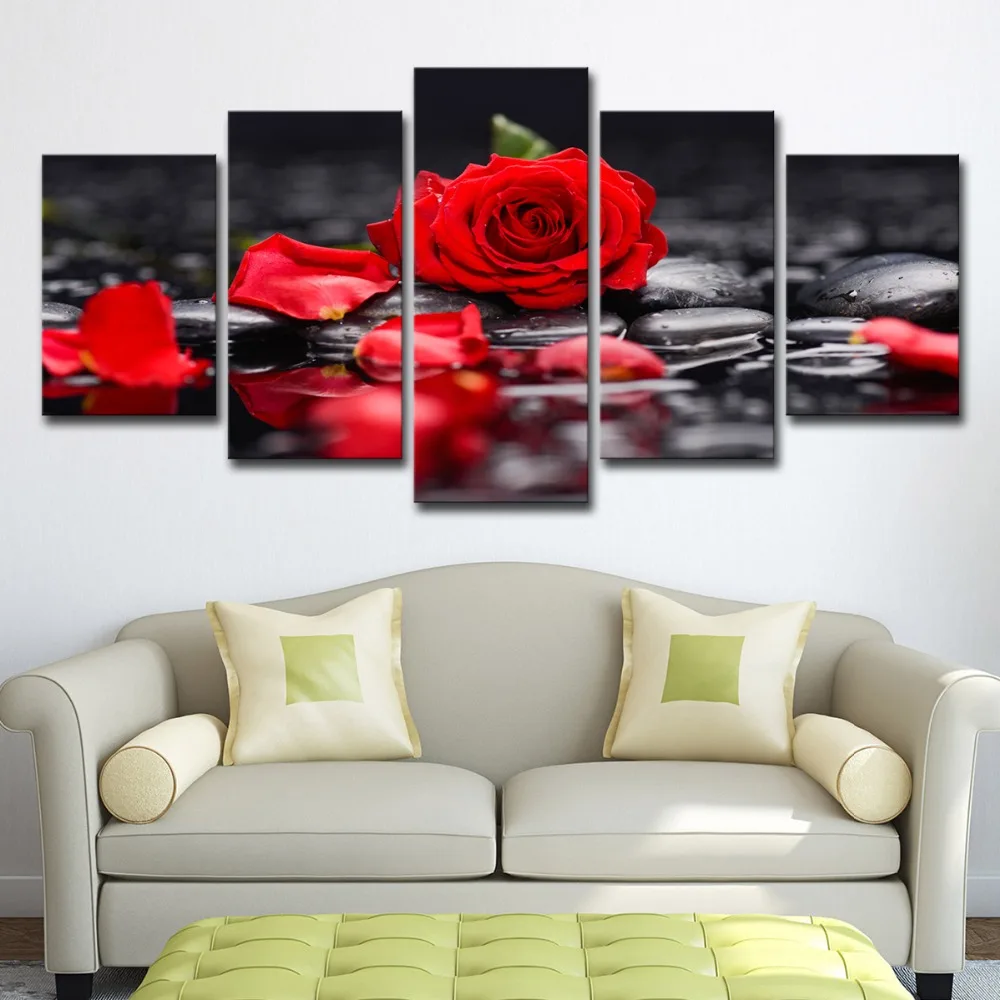 5P0155 Canvas Paintings Home Decor Living Room Wall Art 5 Pieces Red Rose Flowers Pictures Modular Prints Stone Petal Poster Framework (8) 