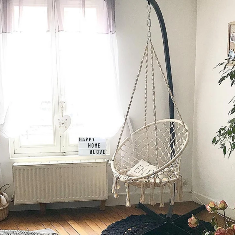 

Nordic Style Handmade Knitted Hammock Outdoor Indoor Dormitory Bedroom chair for kids Single Decor round beds