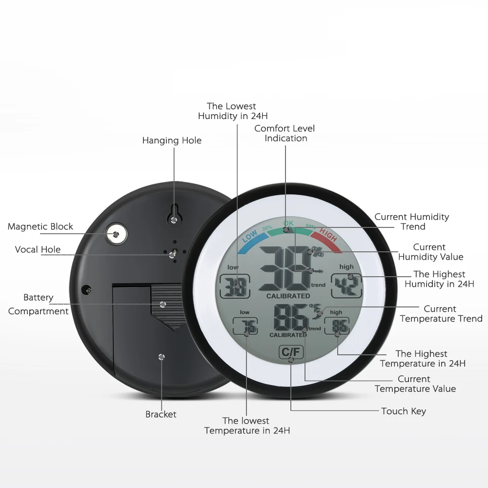 Цифровой термометр с сенсорным экраном, метеостанция, температурные приборы, термометр, гигрометр круглой формы, измеритель температуры